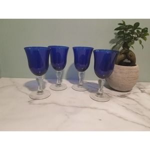 ☆Set of 4 Cobalt Blue Clear Stemmed Hand Blown Wine Glasses